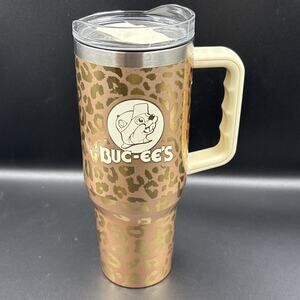 Yukon Outfitters Buc-ee's Gold Leopard Travel Tumbler Mug Handle Lid 40oz